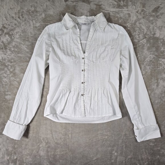 Quizz Stretch White Pintuck Blouse Hook Front Fitted Long Sleeve Size M - Picture 2 of 10